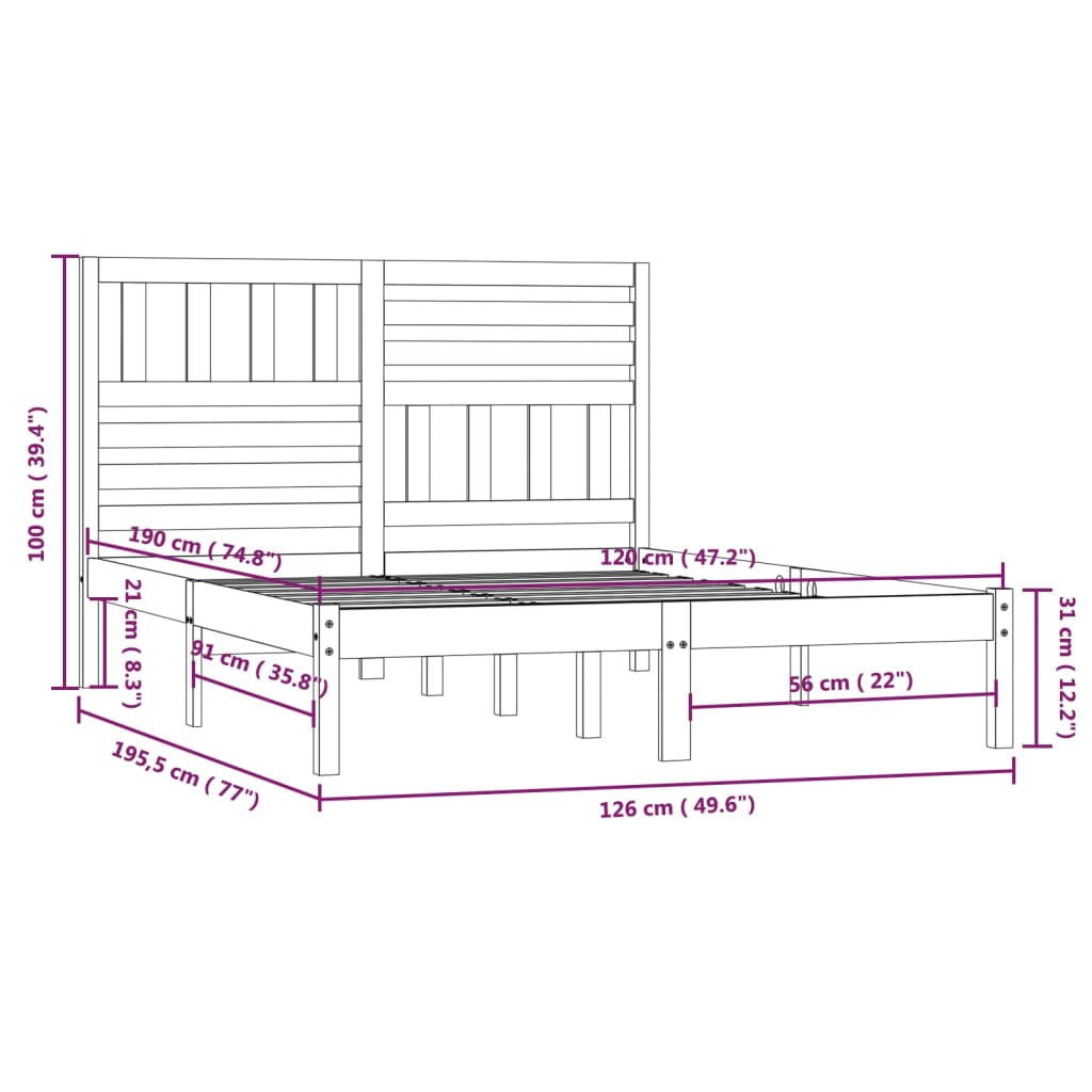 Sängram utan madrass vit 120x190 cm massiv furu