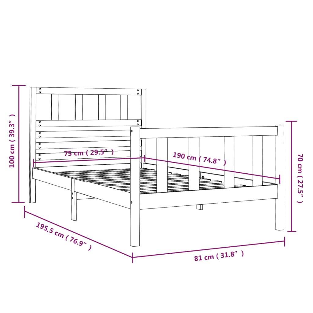 Sängram massivt trä 75x190 cm vit