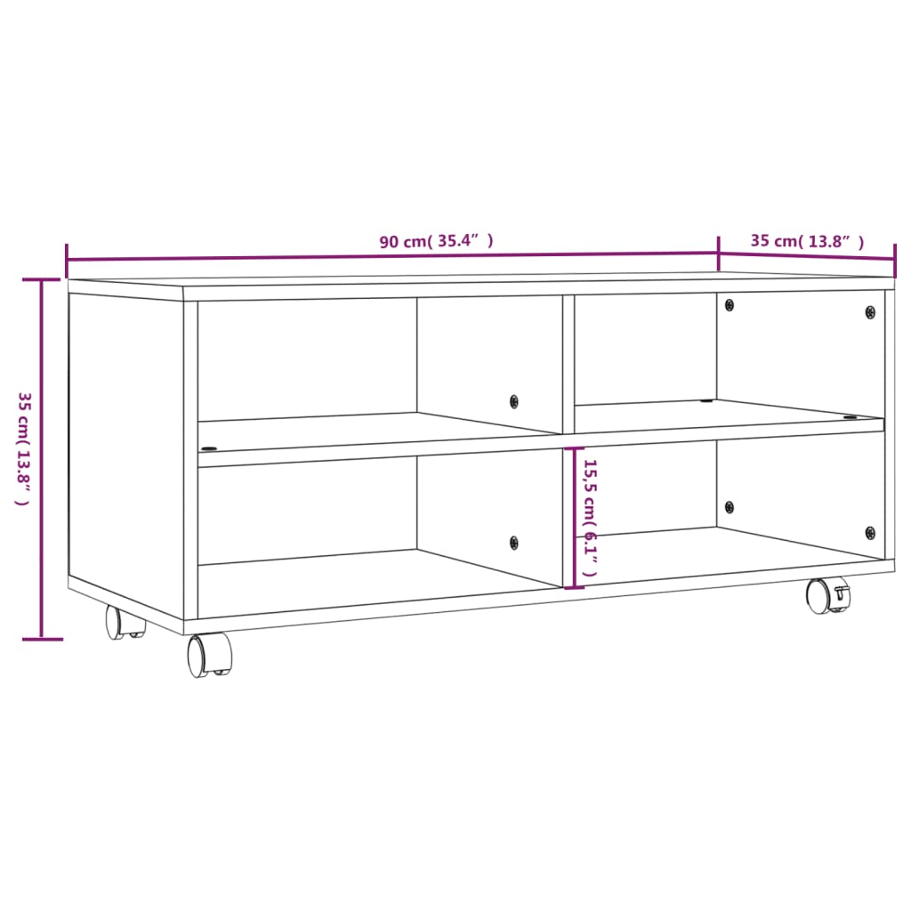 Tv-bänk med hjul rökfärgad ek 90x35x35 cm konstruerat trä