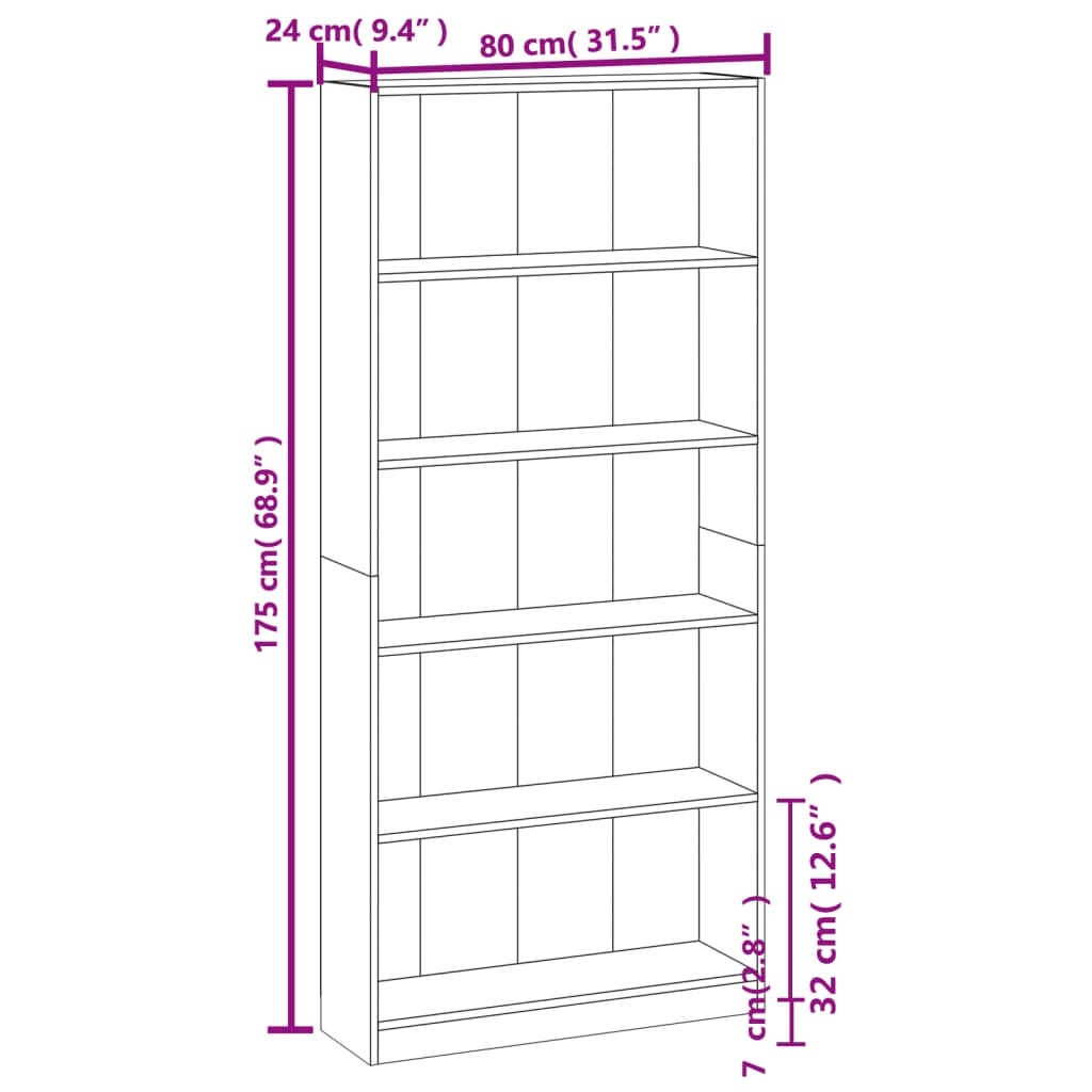 Bokhylla 5 hyllor rökfärgad ek 80x24x175 cm konstruerat trä