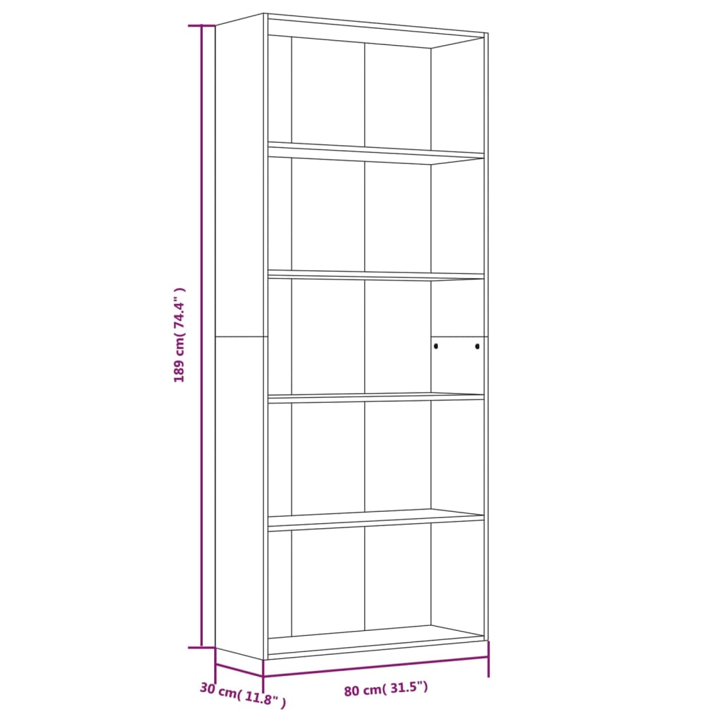 Bokhylla 5 hyllor rökfärgad ek 80x30x189 cm konstruerat trä