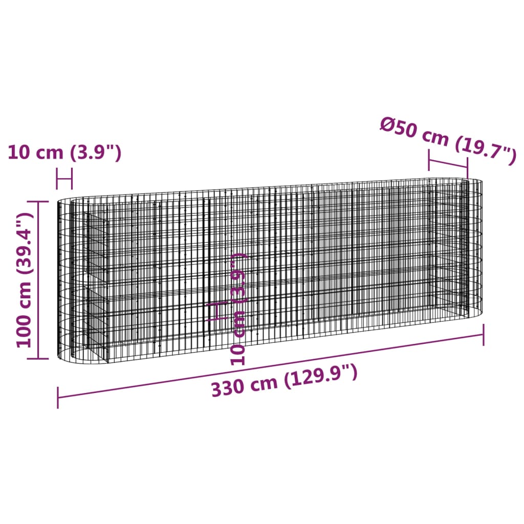 Planteringsgabion galvaniserat järn 330x50x100 cm