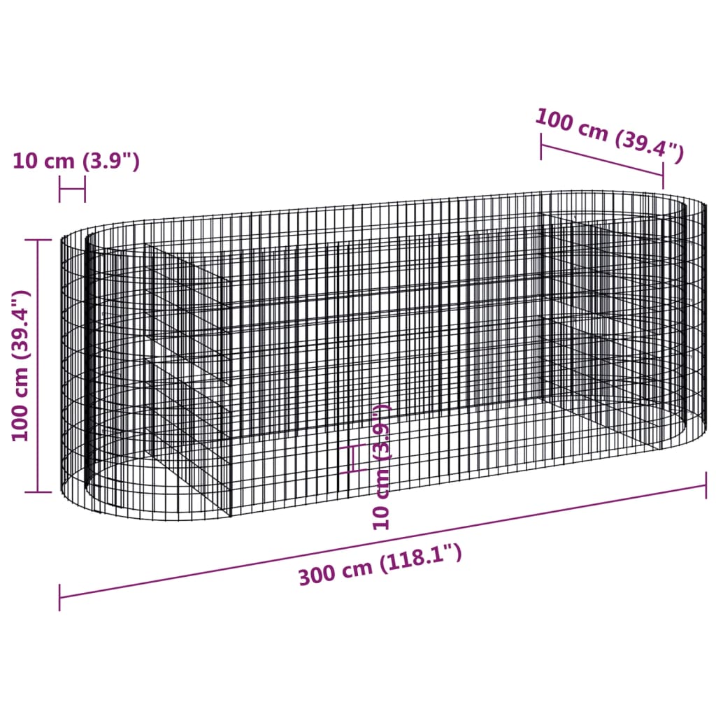 Planteringsgabion galvaniserat järn 300x100x100 cm