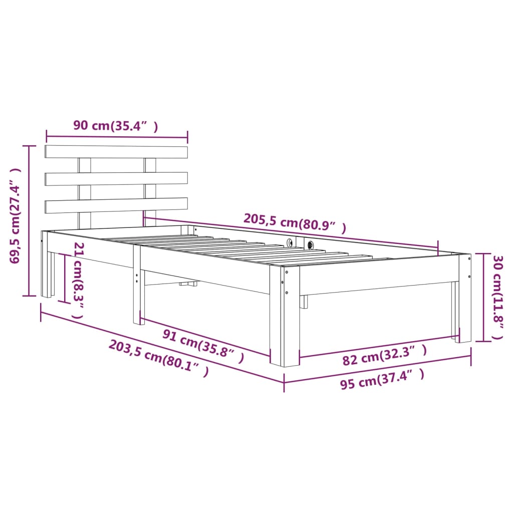 Sängram vit massivt trä 90x200 cm