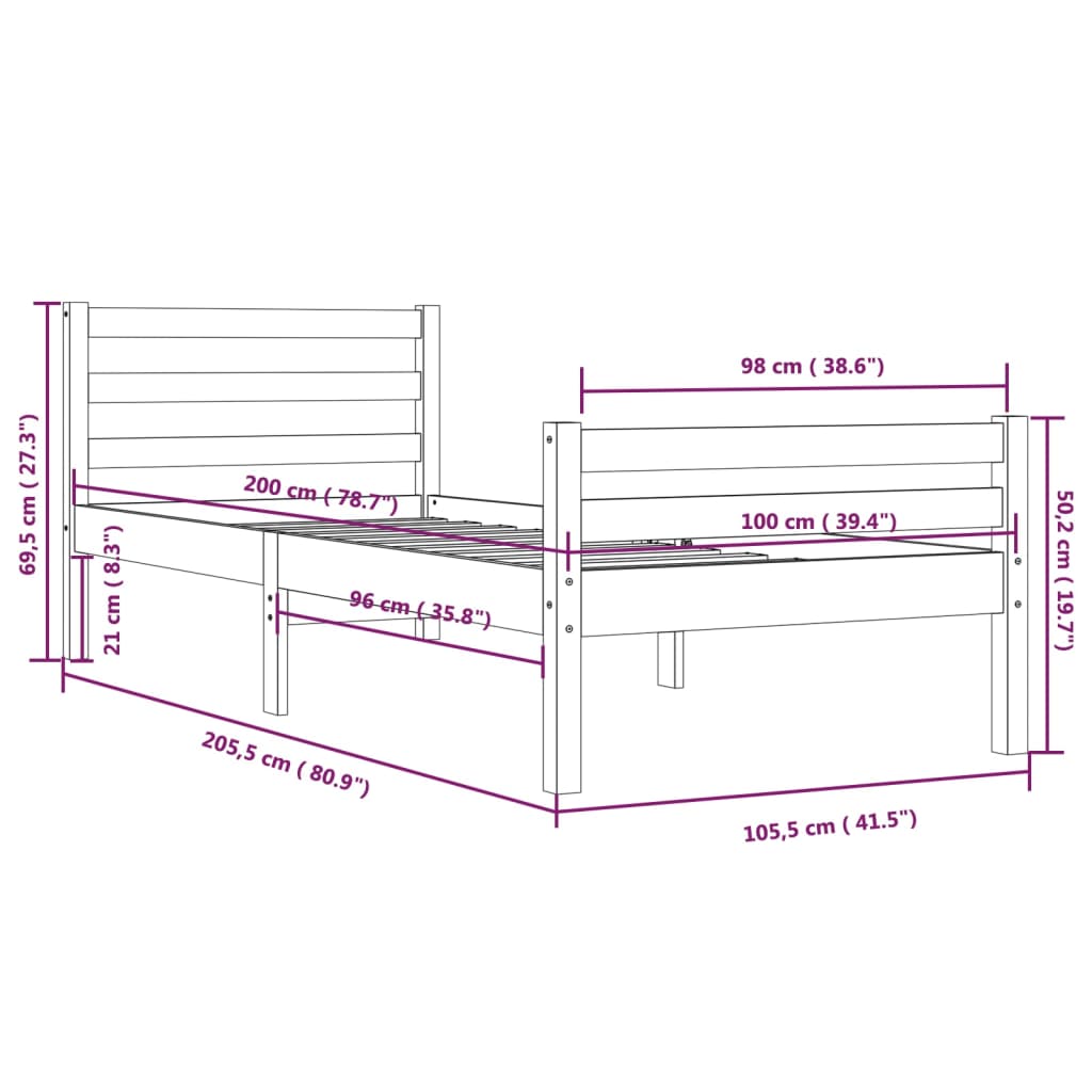 Sängram vit massivt trä 100x200 cmmassiv