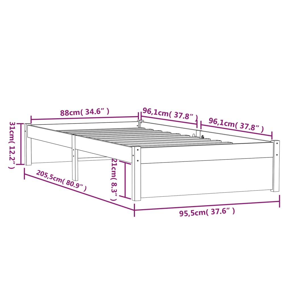 Sängram vit massivt trä 90x200 cm