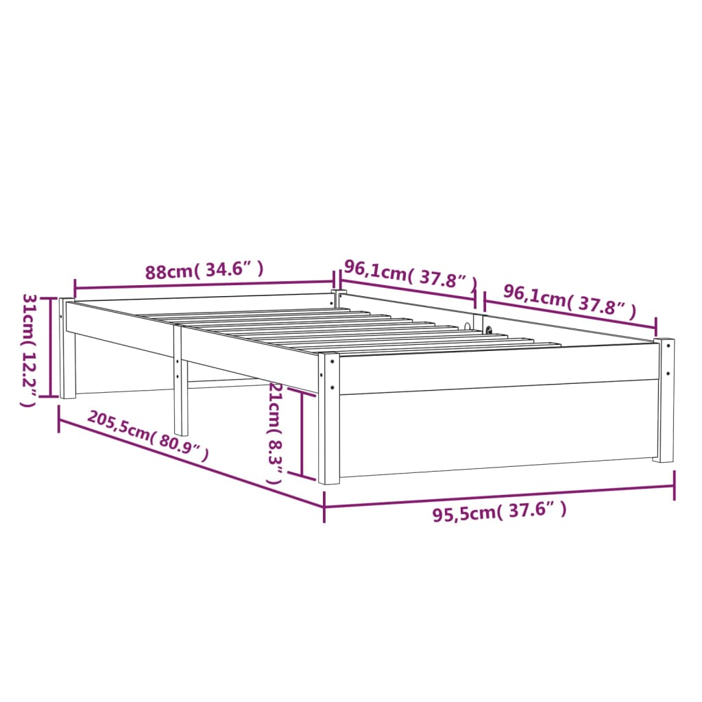 Sängram honungsbrun massivt trä 90x200 cm