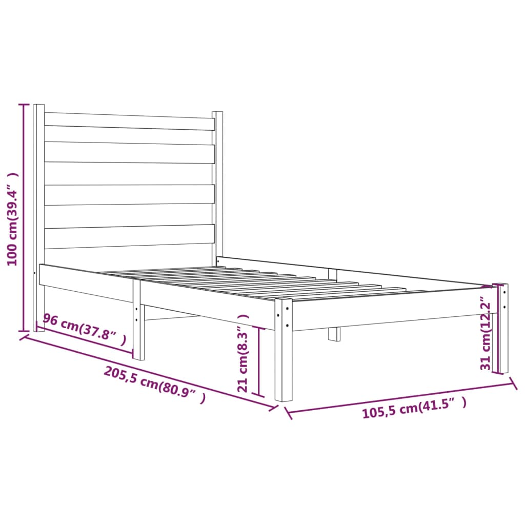 Sängram svart massiv furu 100x200 cm enkelsäng