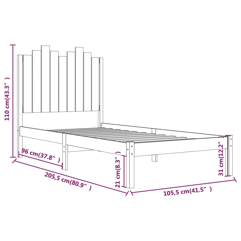 Sängram vit massiv furu 100x200 cm enkelsäng