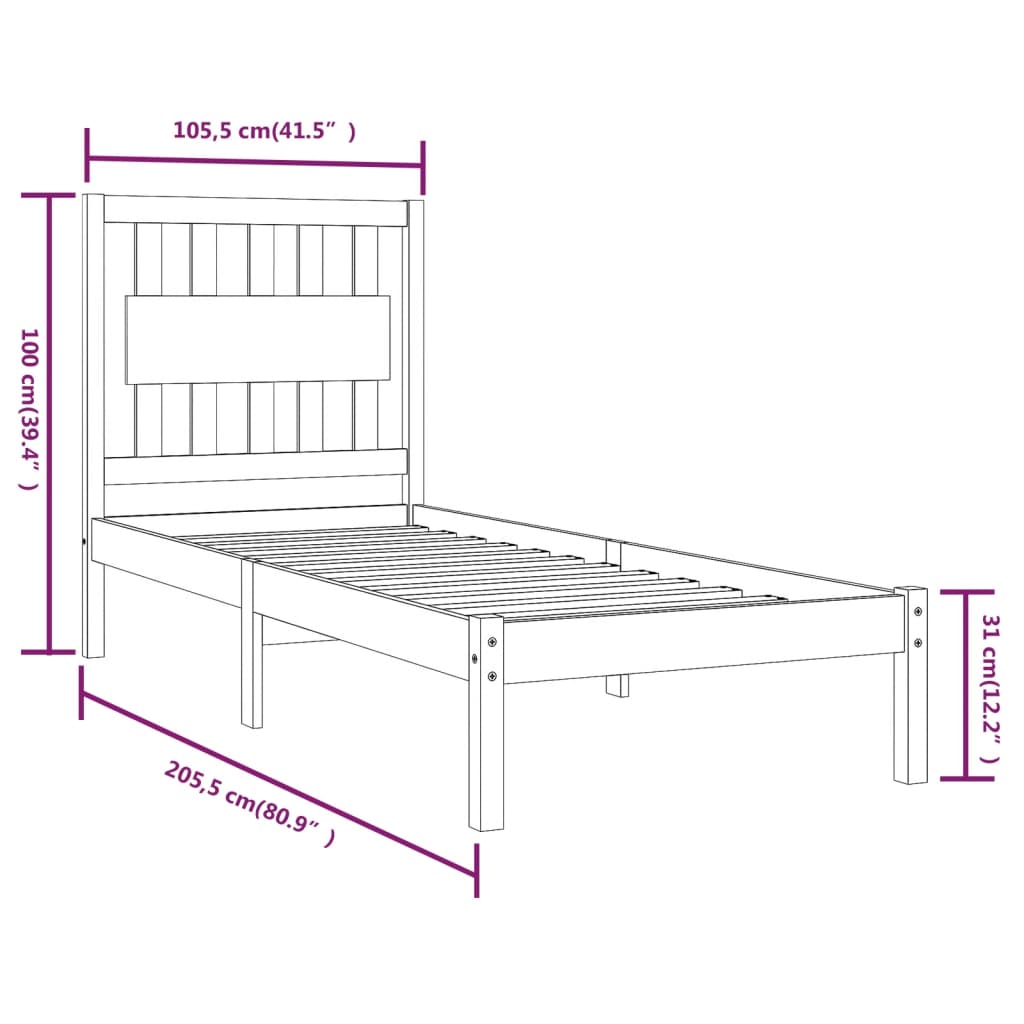 Sängram vit massiv furu 100x200 cm enkelsäng