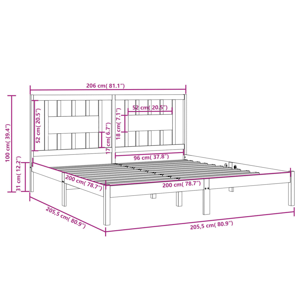 Sängram vit massiv furu 200x200 cm