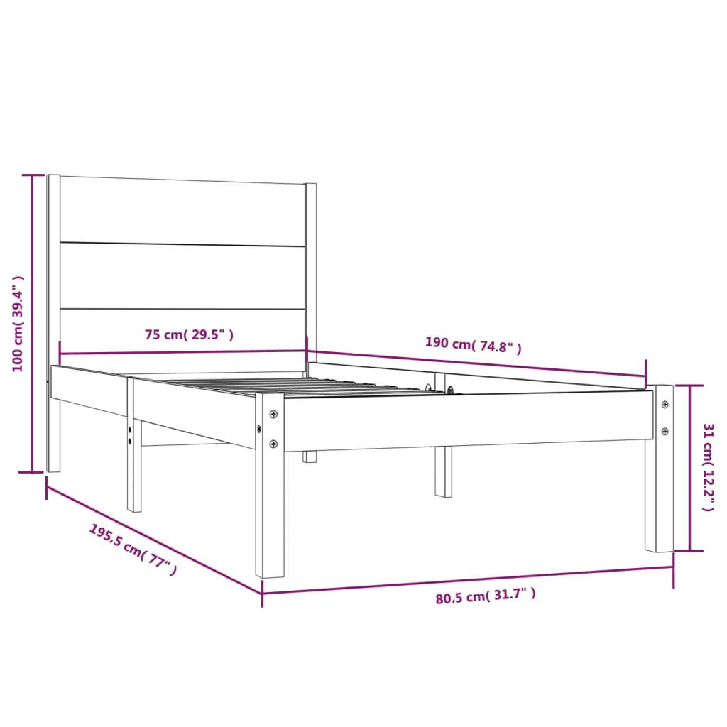 Sängram vit massivt trä 75x190 cm