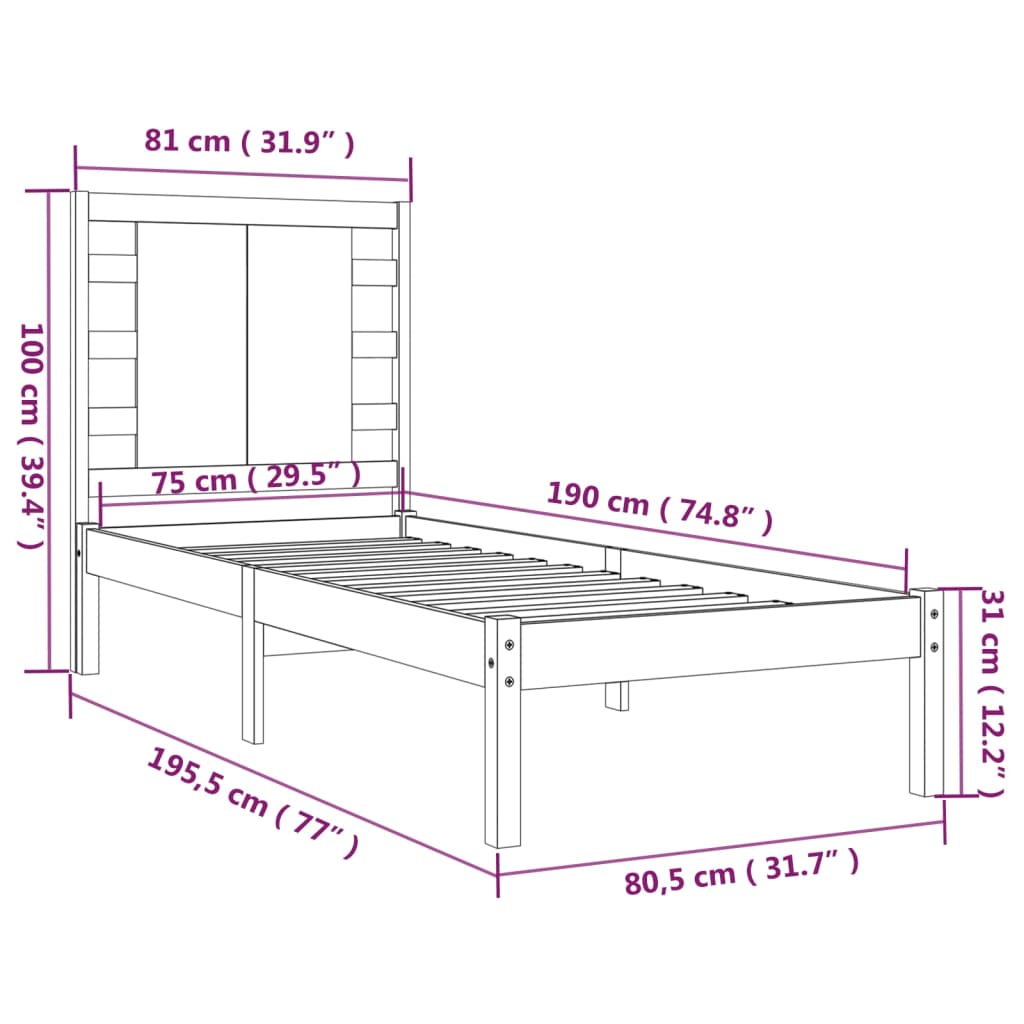 Sängram massivt trä 75x190 cm