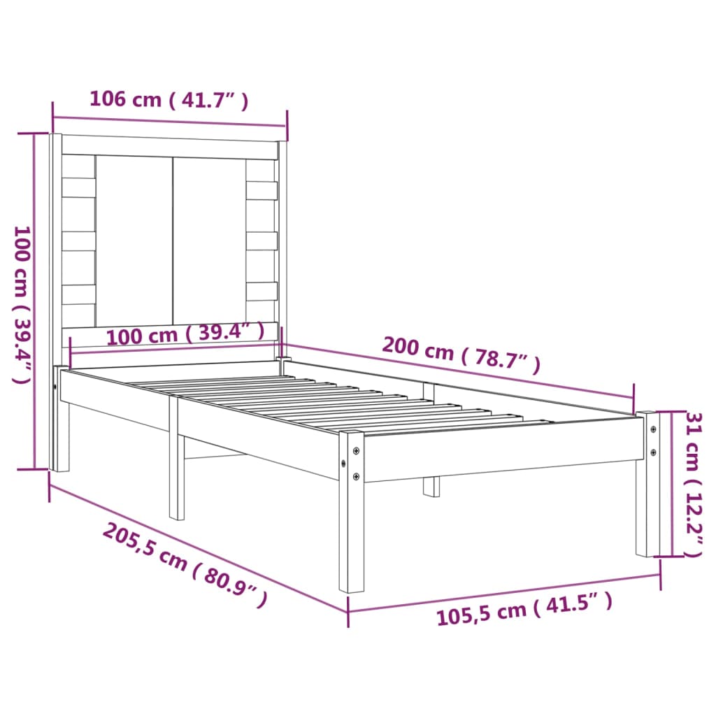 Sängram svart massiv furu 100x200 cm enkelsäng