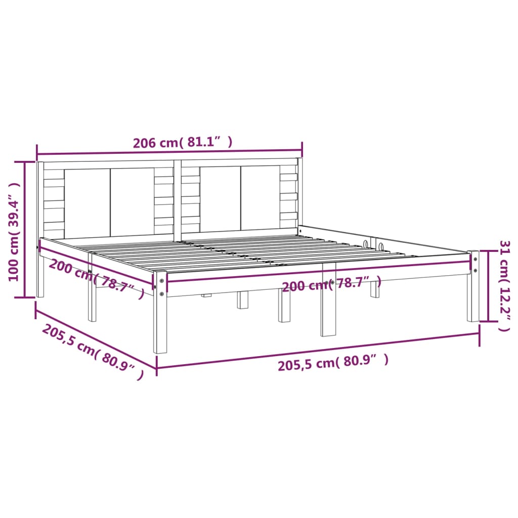 Sängram utan madrass vit 200x200 cm massiv furu