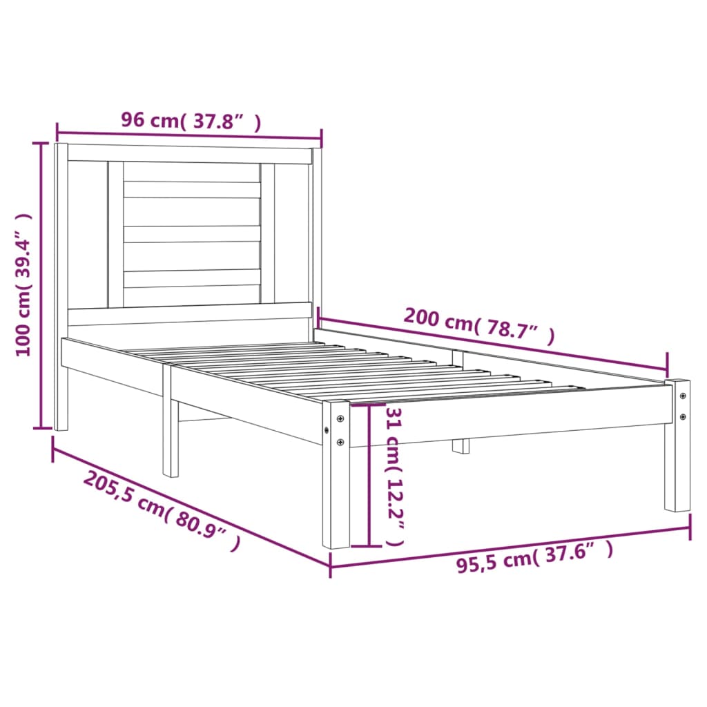 Sängram utan madrass 90x200 cm massiv furu