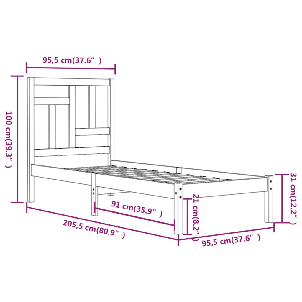 Sängram utan madrass 90x200 cm massiv furu