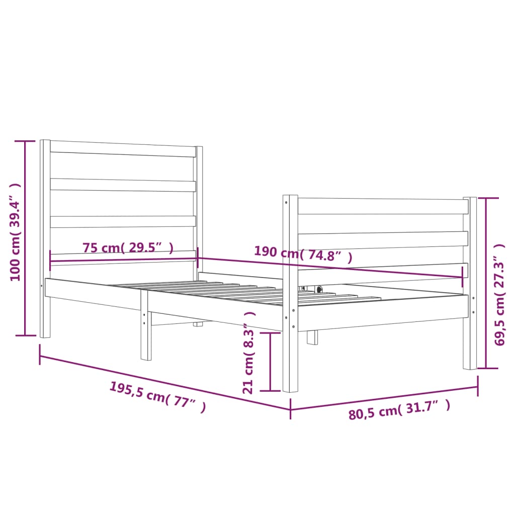 Sängram utan madrass vit 75x190 cm massiv furu