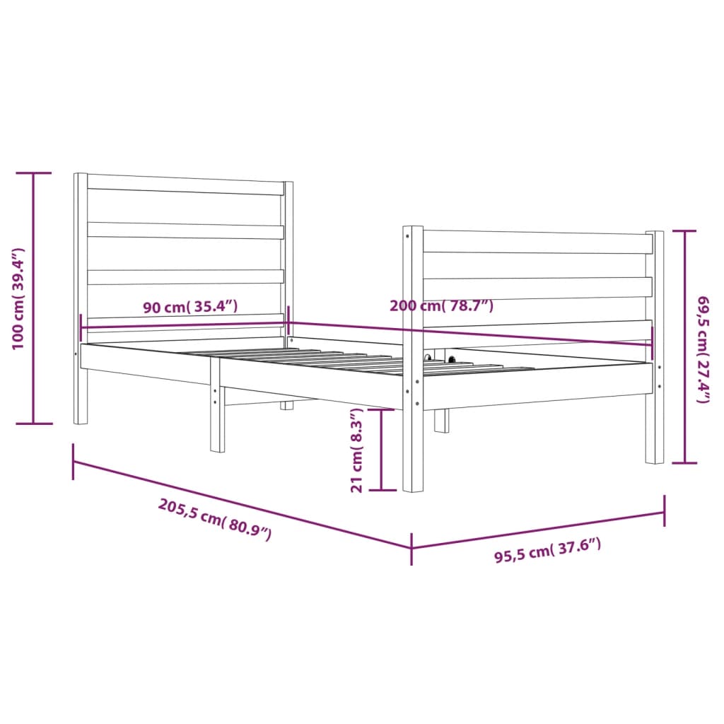 Sängram vit massiv furu 90x200 cm