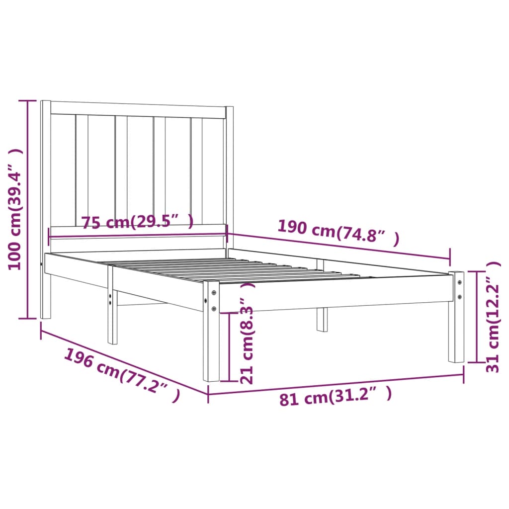 Sängram vit massivt trä 75x190 cm