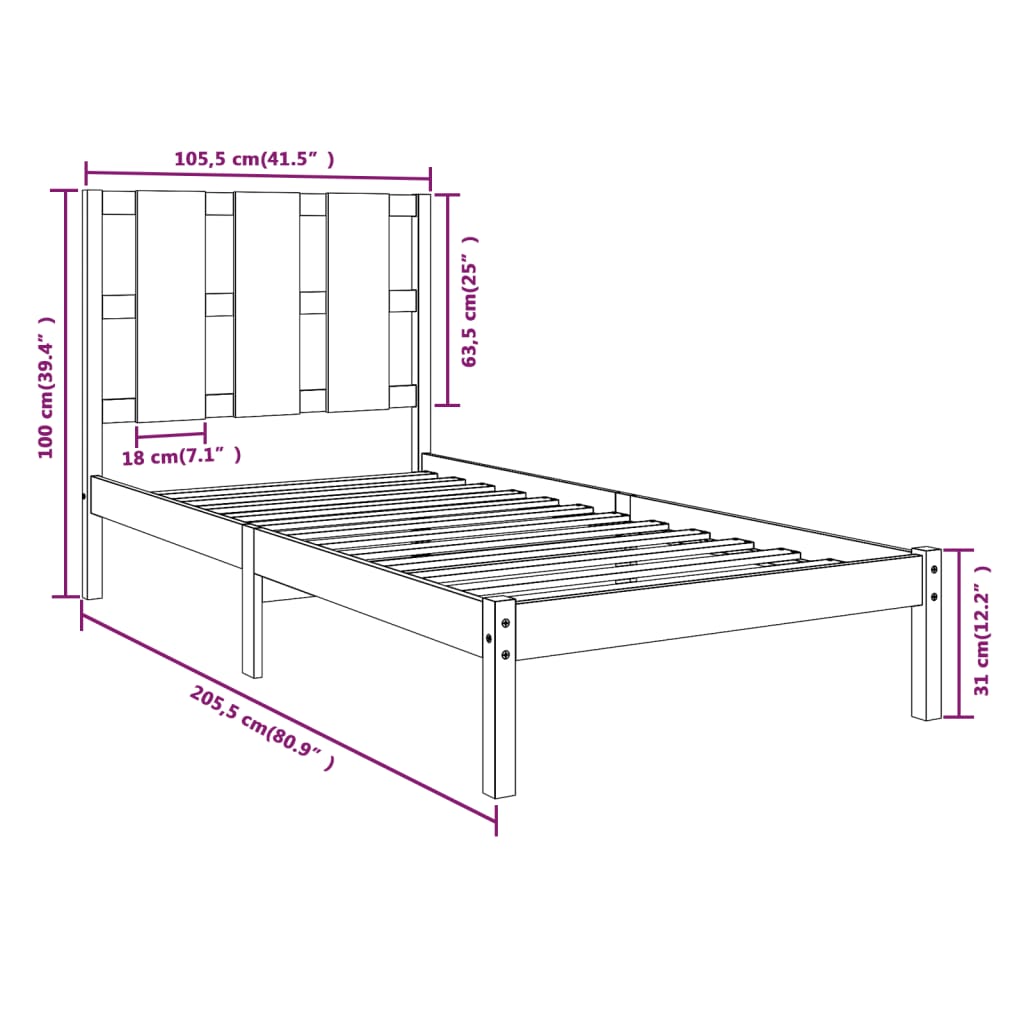 Sängram utan madrass 100x200 cm massiv furu