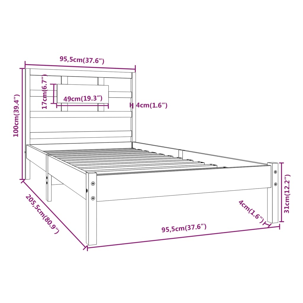 Sängram vit massivt trä 90x200 cm