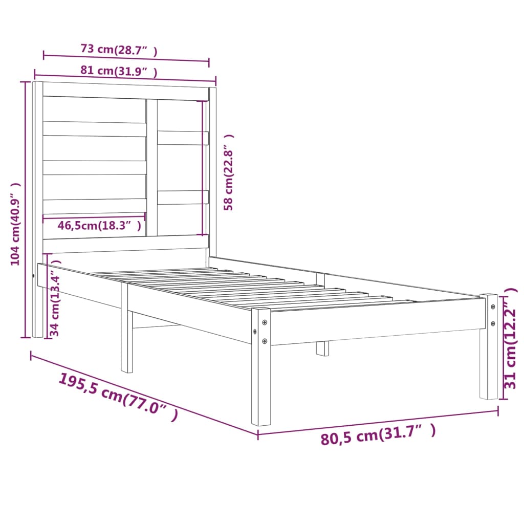 Sängram vit massivt trä 75x190 cm