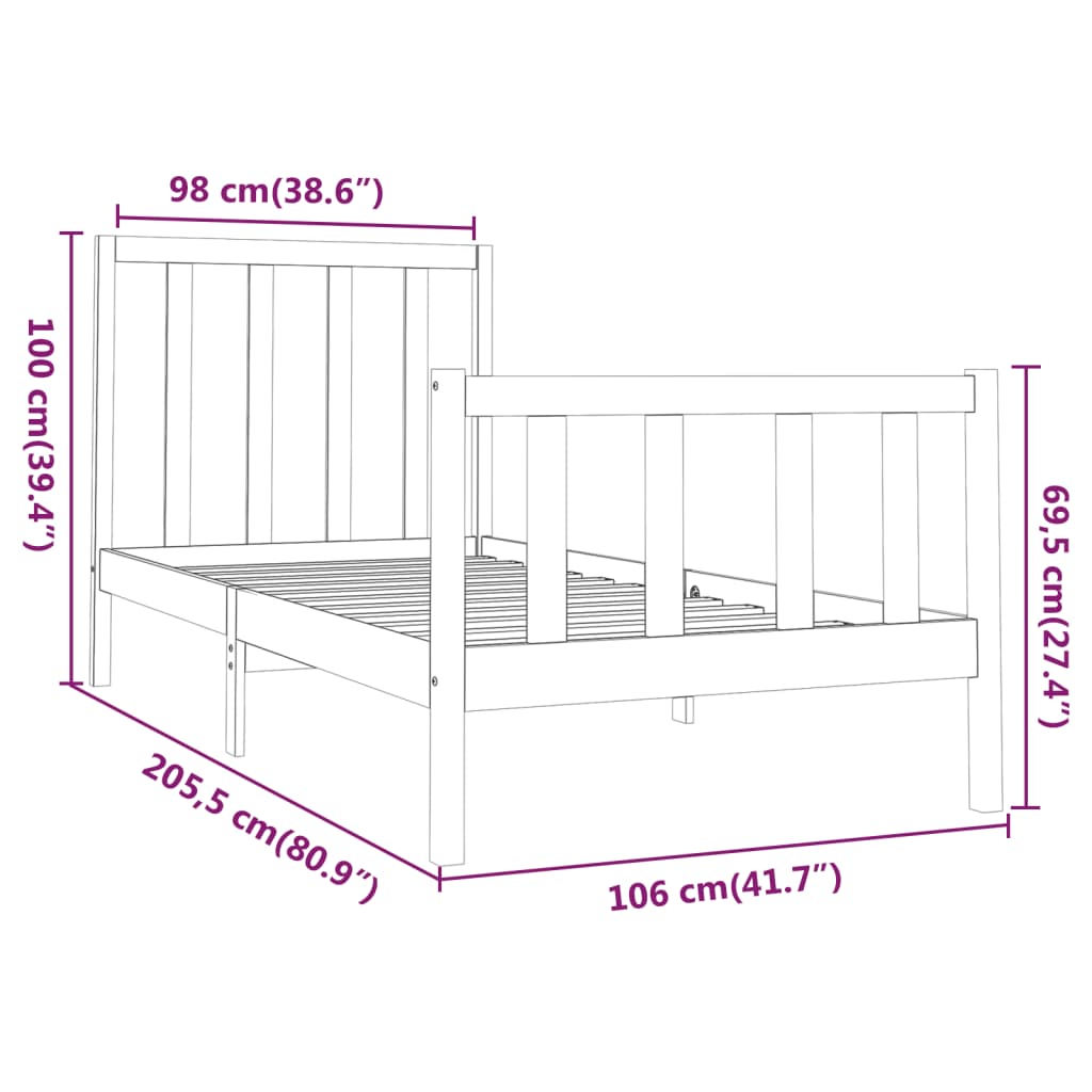 Sängram utan madrass 100x200 cm massiv furu