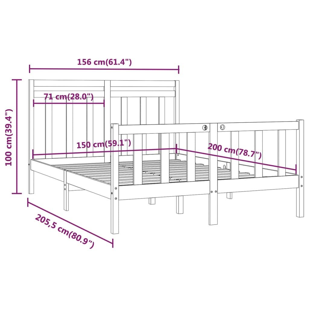 Sängram vit massiv furu 150x200 cm