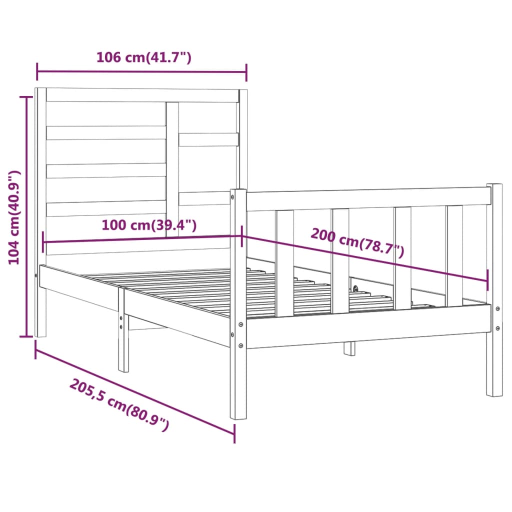 Sängram utan madrass 100x200 cm massiv furu