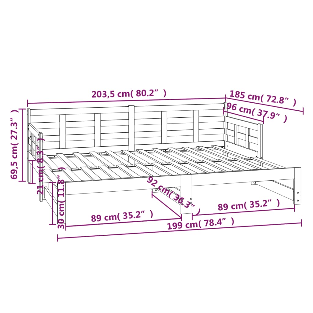 Dagbädd utdragbar massiv furu 2x(90x200) cm