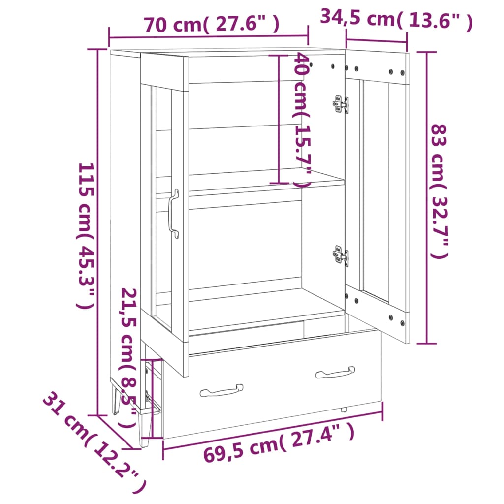 Skåp svart 70x31x115 cm konstruerat trä