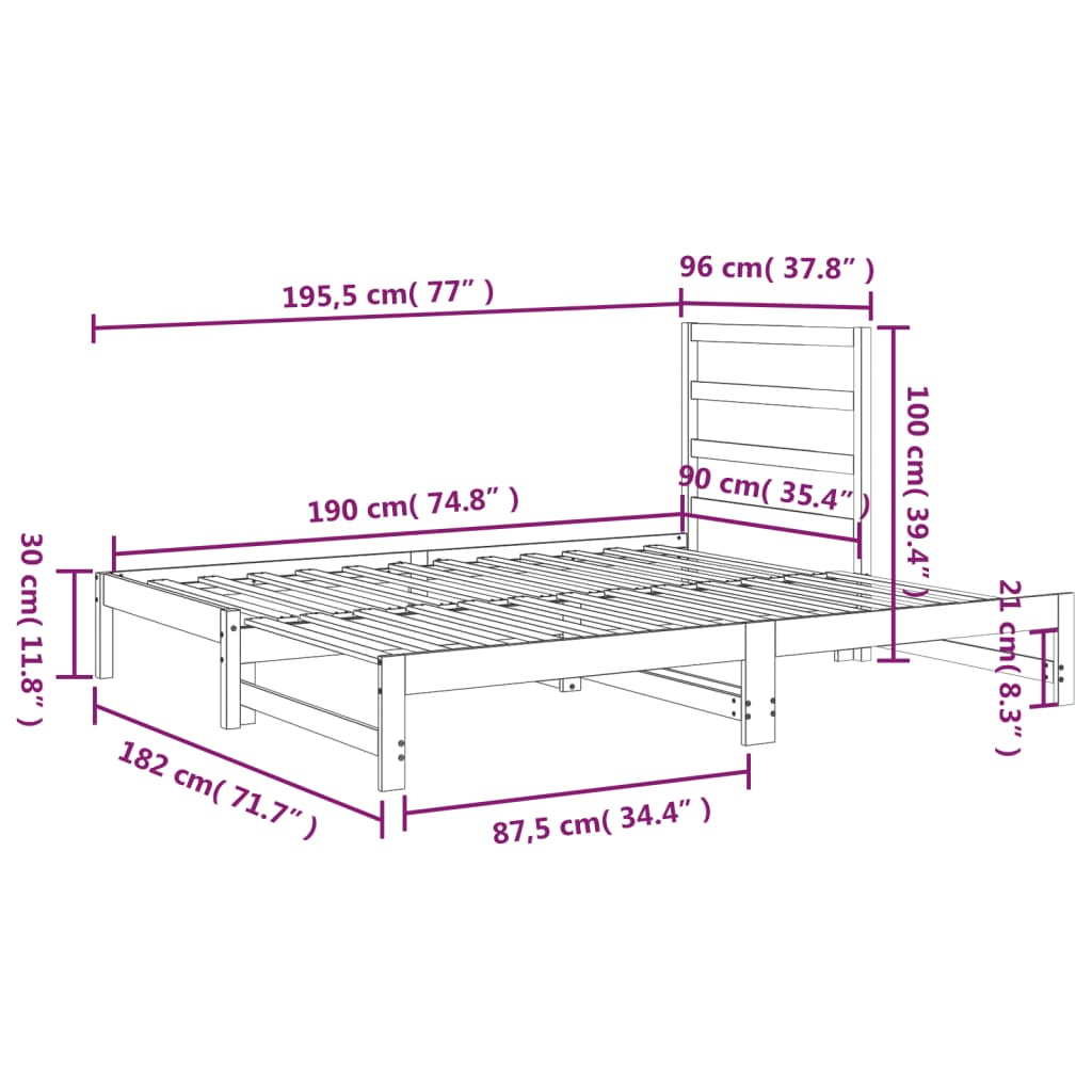 Utdragbar dagbädd 2x(90x190) cm massiv furu