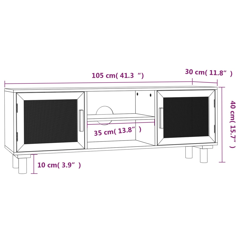 Tv-bänk Vit 105x30x40 cm massiv furu & naturlig rotting