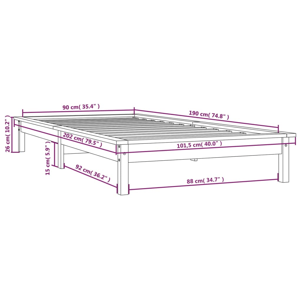 Sängram 90x190 cm massiv furu vit