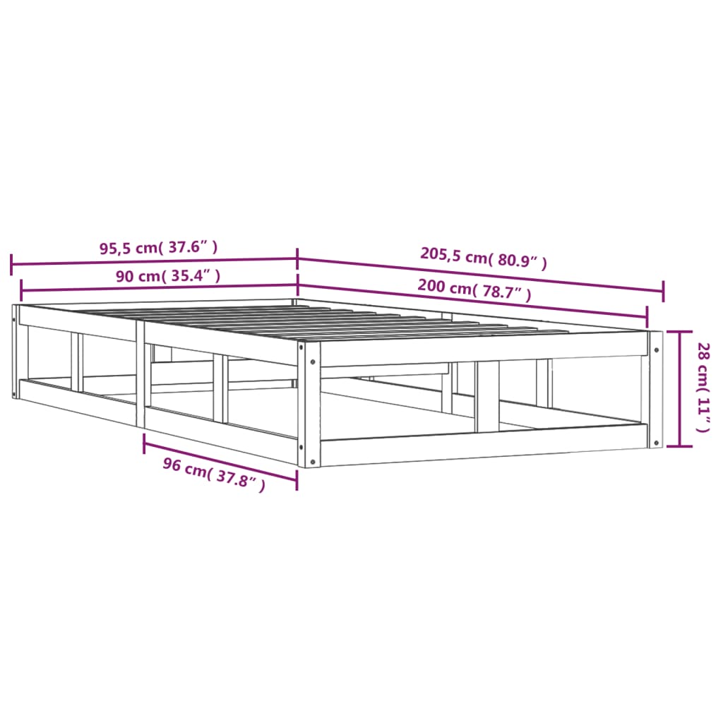 Sängram vit 90x200 cm massivt trä