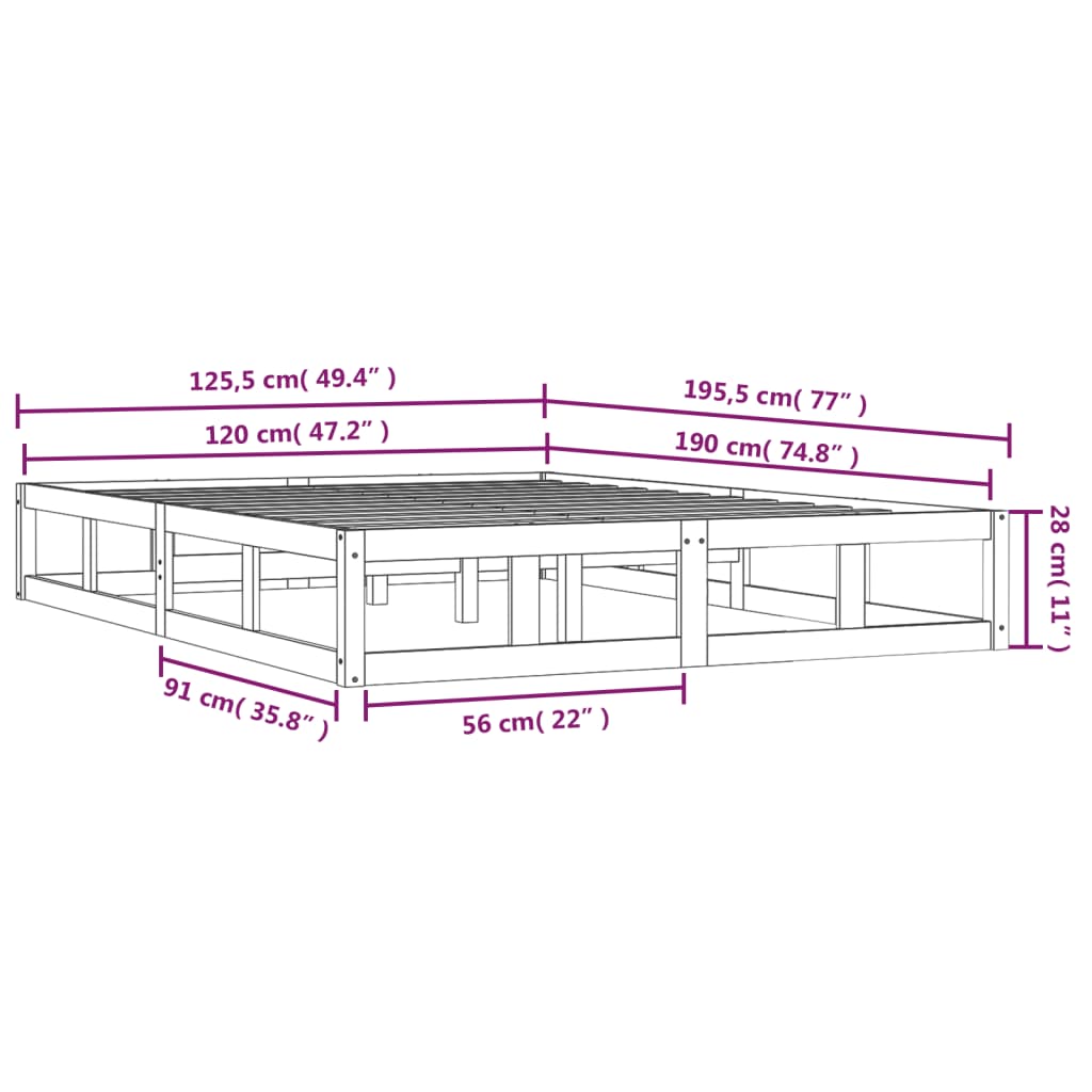 Sängram massiv furu 120x190 cm vit