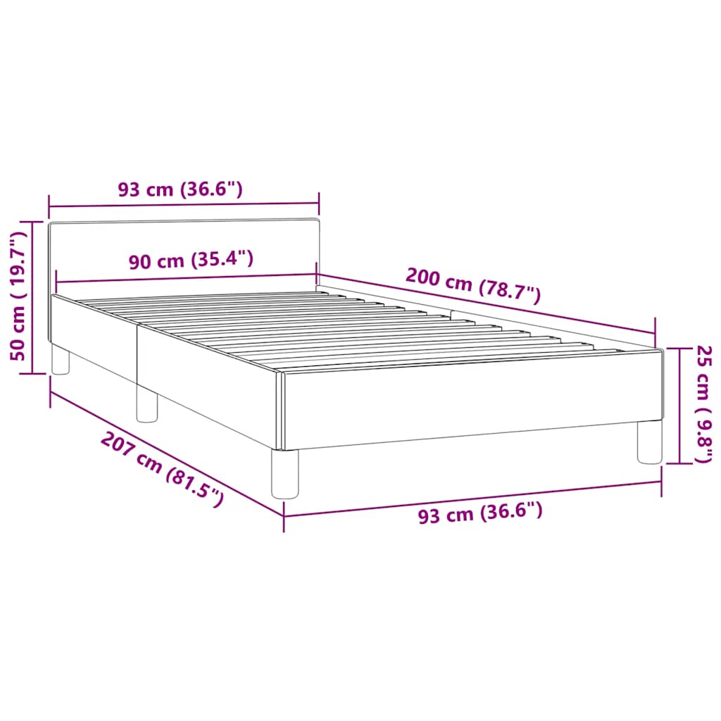 Sängram med huvudgavel utan madrass svart 90x200 cm sammet