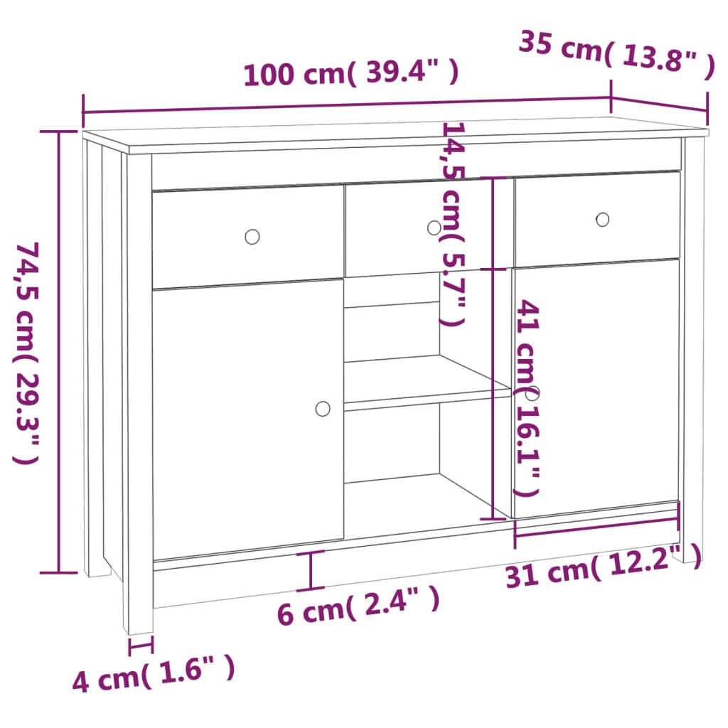 Skänk vit 100x35x74,5 cm massiv furu