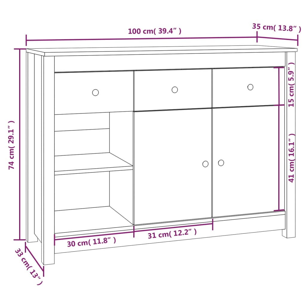 Skänk 100x35x74 cm massiv furu