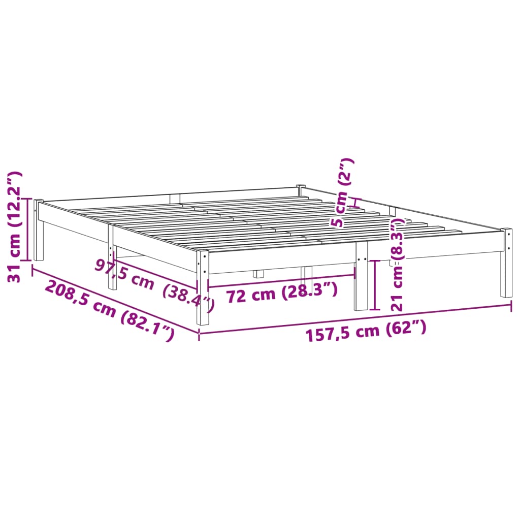 Sängram utan madrass 152x203 cm massiv furu Queen