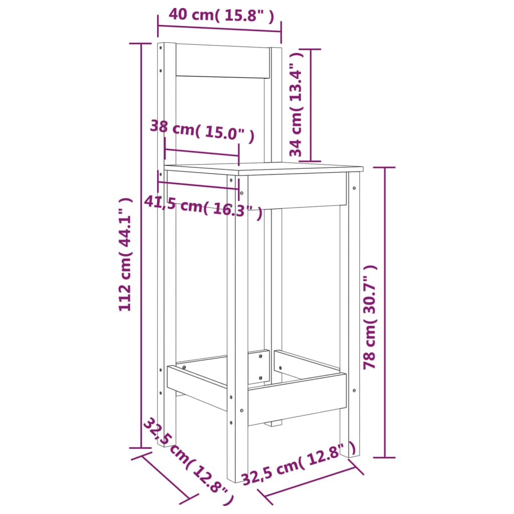 Barstolar 2 st 40x41,5x112 cm massiv furu