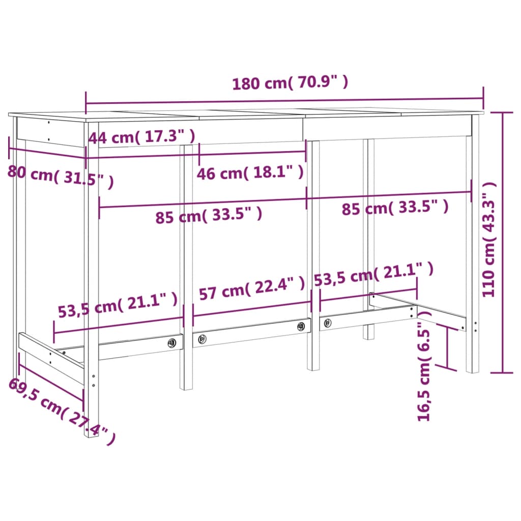 Barbord 180x80x110 cm massiv furu