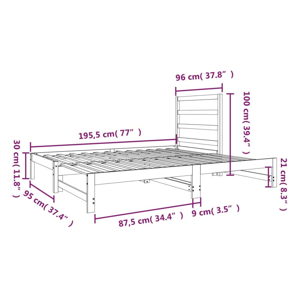 Utdragbar dagbädd 2x(90x190) cm massiv furu