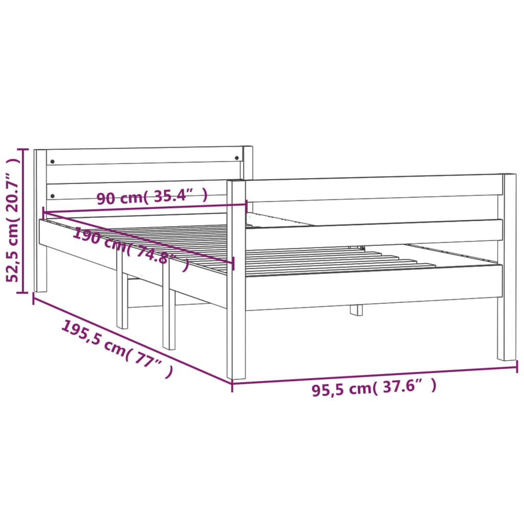 Sängram utan madrass vit 90x190 cm massiv furu