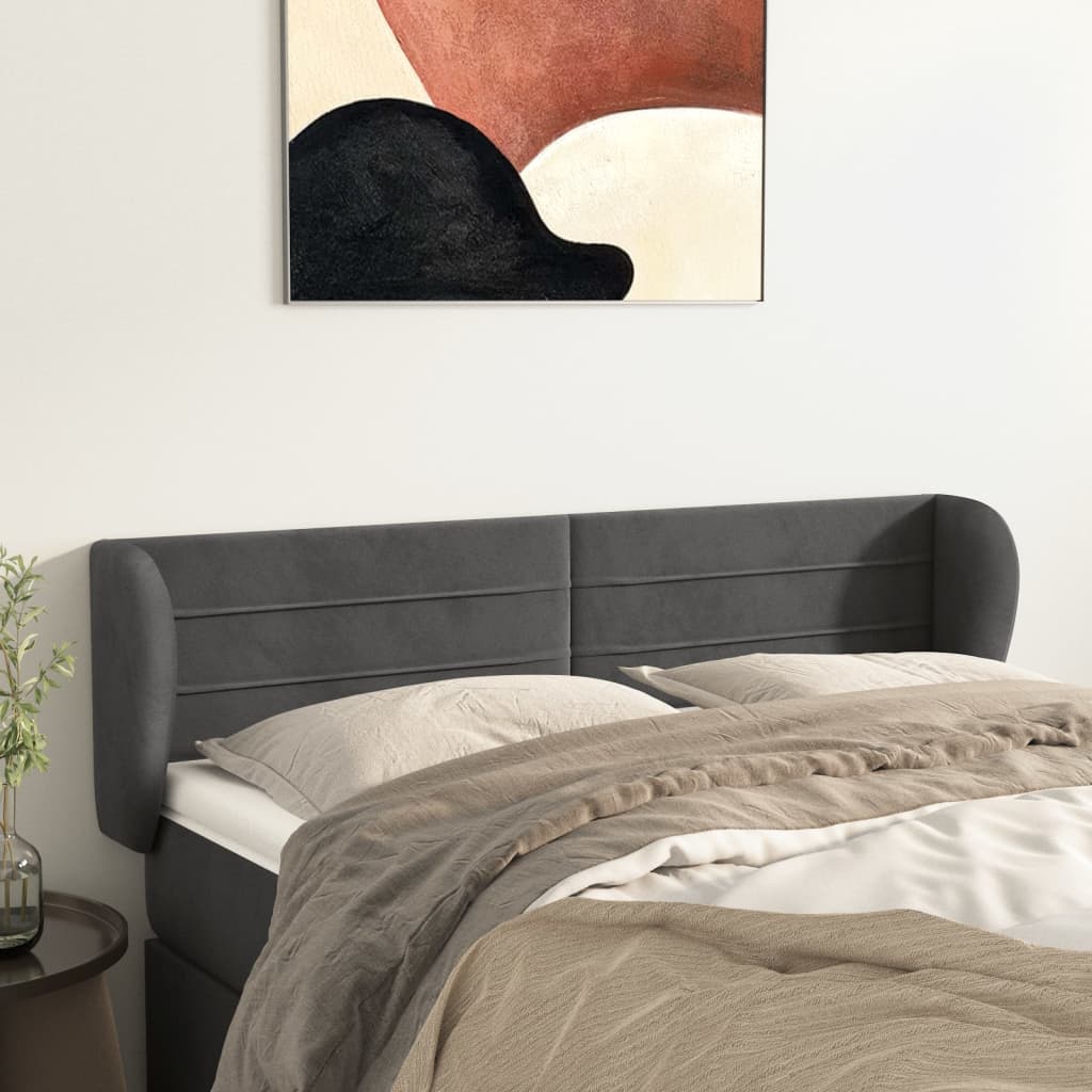 Sänggavel med kanter mörkgrå 147x23x78/88 cm sammet