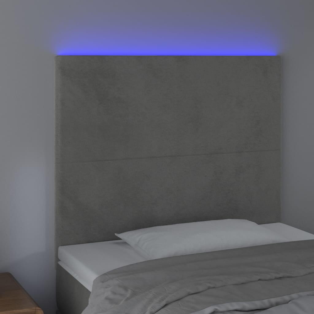 Sänggavel LED ljusgrå 90x5x118/128 cm sammet