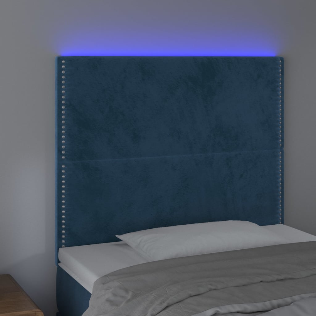 Sänggavel LED mörkblå 100x5x118/128 cm sammet