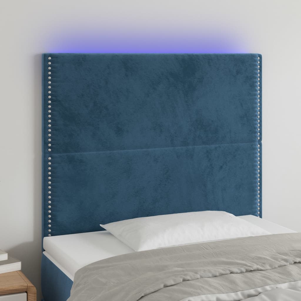 Sänggavel LED mörkblå 100x5x118/128 cm sammet