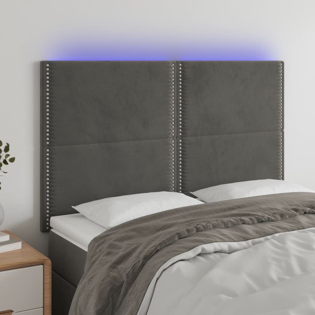 Sänggavel LED mörkgrå 144x5x118/128 cm sammet